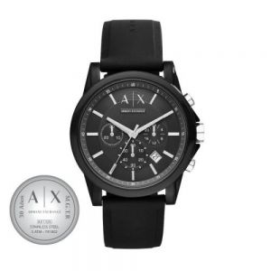 RELOJ CABALLERO MARCA ARMANI ACERO INOXIDABLE CORREA DE CAUCHO CARATULA NEGRA CON CHRONO Y FECHADOR GRABADO EN LASER EN TAPA  LOGOTIPO